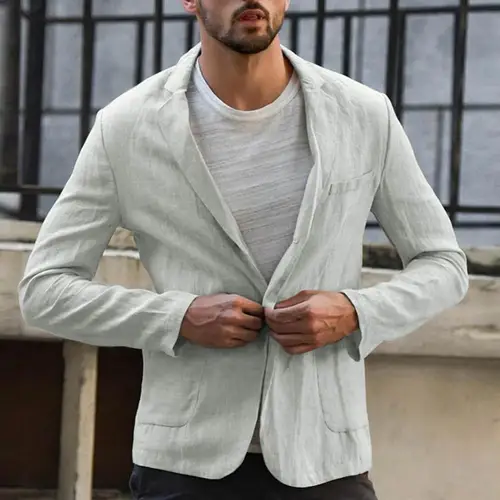 Imagen 2 del producto Chaqueta ajustada de lino y algodón para hombre, abrigo de verano con bolsillos de manga larga de Color sólido, chaqueta informal fina para hombre, chaqueta de negocios para hombre