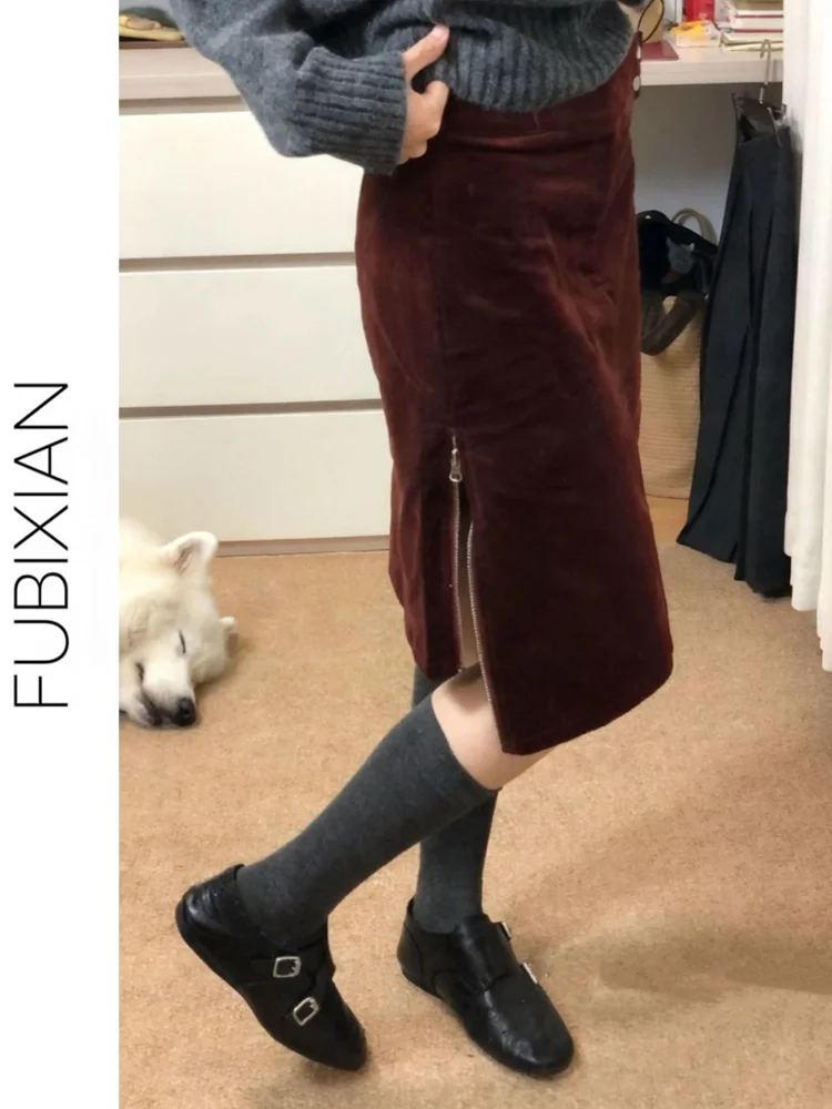 

Ретро-юбка миди из вельвета винного цвета с асимметричным подолом и высокой талией, женская, осенне-зимняя, с молнией, облегающая, А-силуэт
