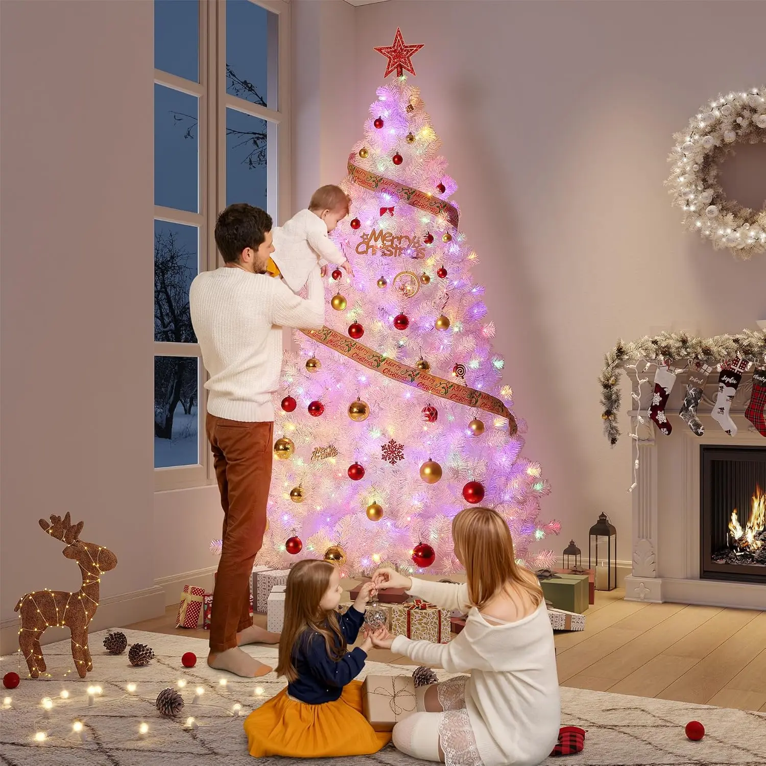 4.5/6/7.5/9Ft شجرة عيد الميلاد المسبقة ارتفع الذهب بهرج شجرة عيد الميلاد مع أضواء Led بيضاء دافئة البريق زينة عيد الميلاد للمنزل