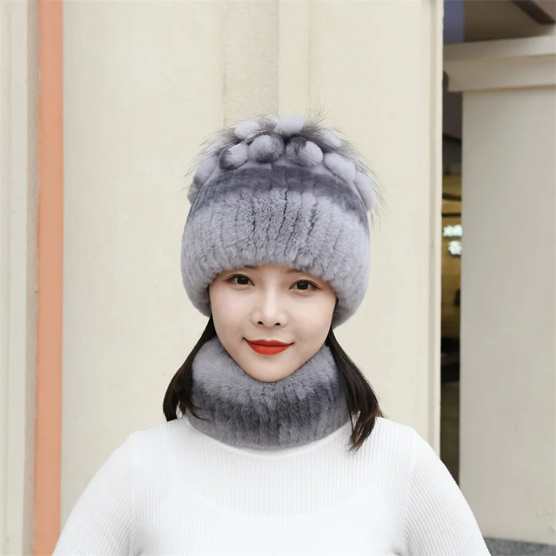 Winter Real Rex Rabbit Fur Hat Scarf Sets Women Knitted Thick Real Rex Rabbit Fur Cap Scarves Outdoor Warm Lady 100% Natural Fur