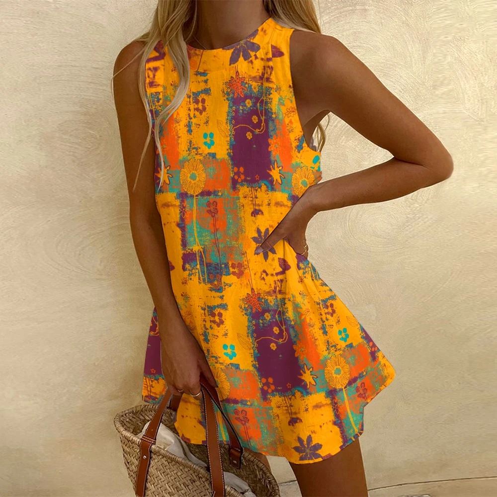 Yellow Casual Sleeveless Dress for Women, Smudge Gradual Change, Printing Short Dress, Beach Vacation Clothes, Party Dresses