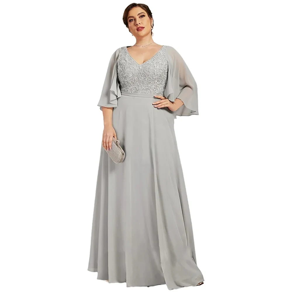 

Women's Grey Mother of The Bride Dress for Wedding Party Plus Size Lace Chiffon Prom Evening Gowns Custom Made Formal Vestidos