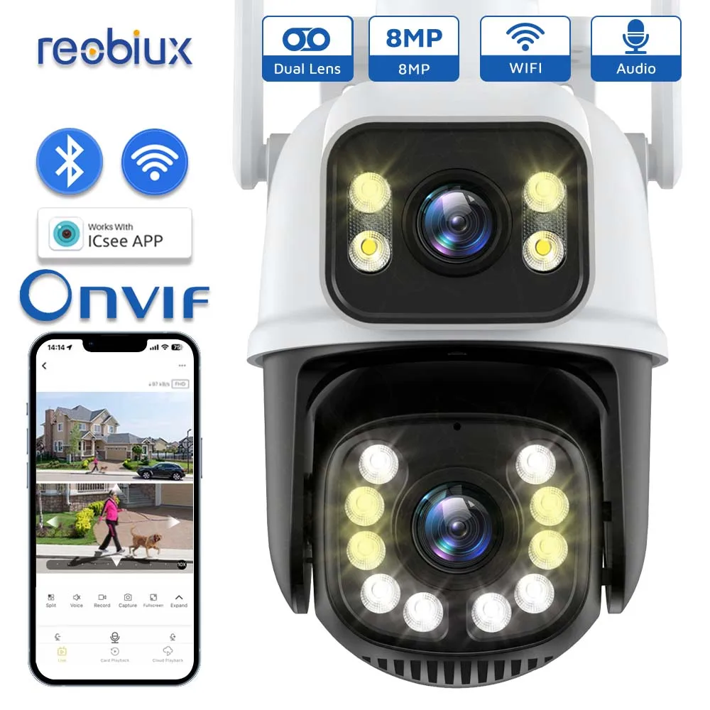 Reobiux 8MP PTZ WiFi IP Camera Security Protection Dual Lens 4K IP Camera CCTV Surveillance Camera For ICSEE Support NVR UNVIF