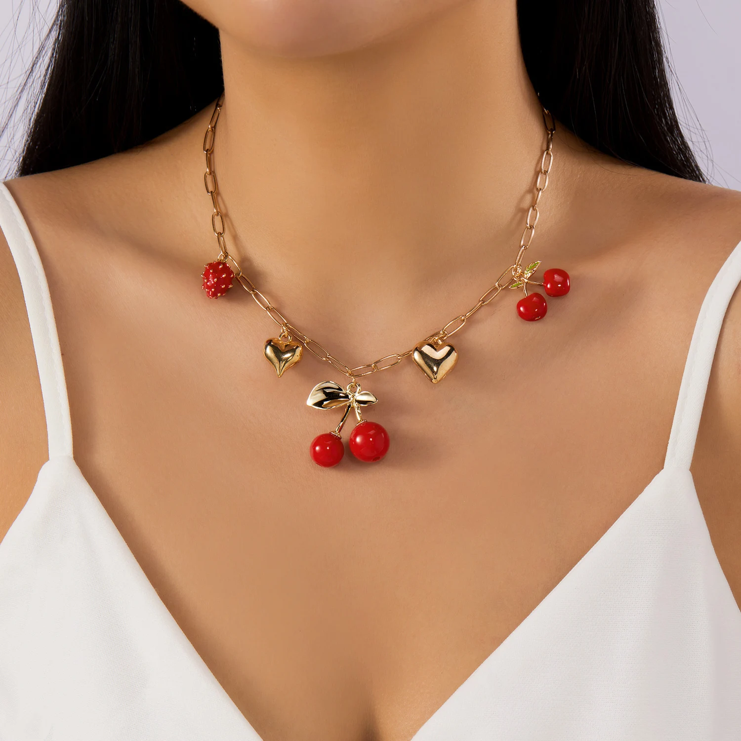 2026 Mode Charme Kirsche Herz Anhänger Halskette für Frauen Rote Erdbeere Bogen Perle Schlüsselbein Kette Ästhetischen Partei Schmuck – Detail 11