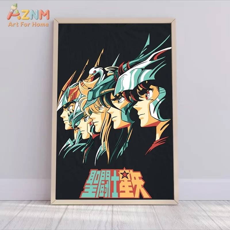 AZNM Saint Seiya Five Bronze Saints – Impression sur toile sans cadre, personnage d'anime rétro, fond noir, décoration murale, affiche