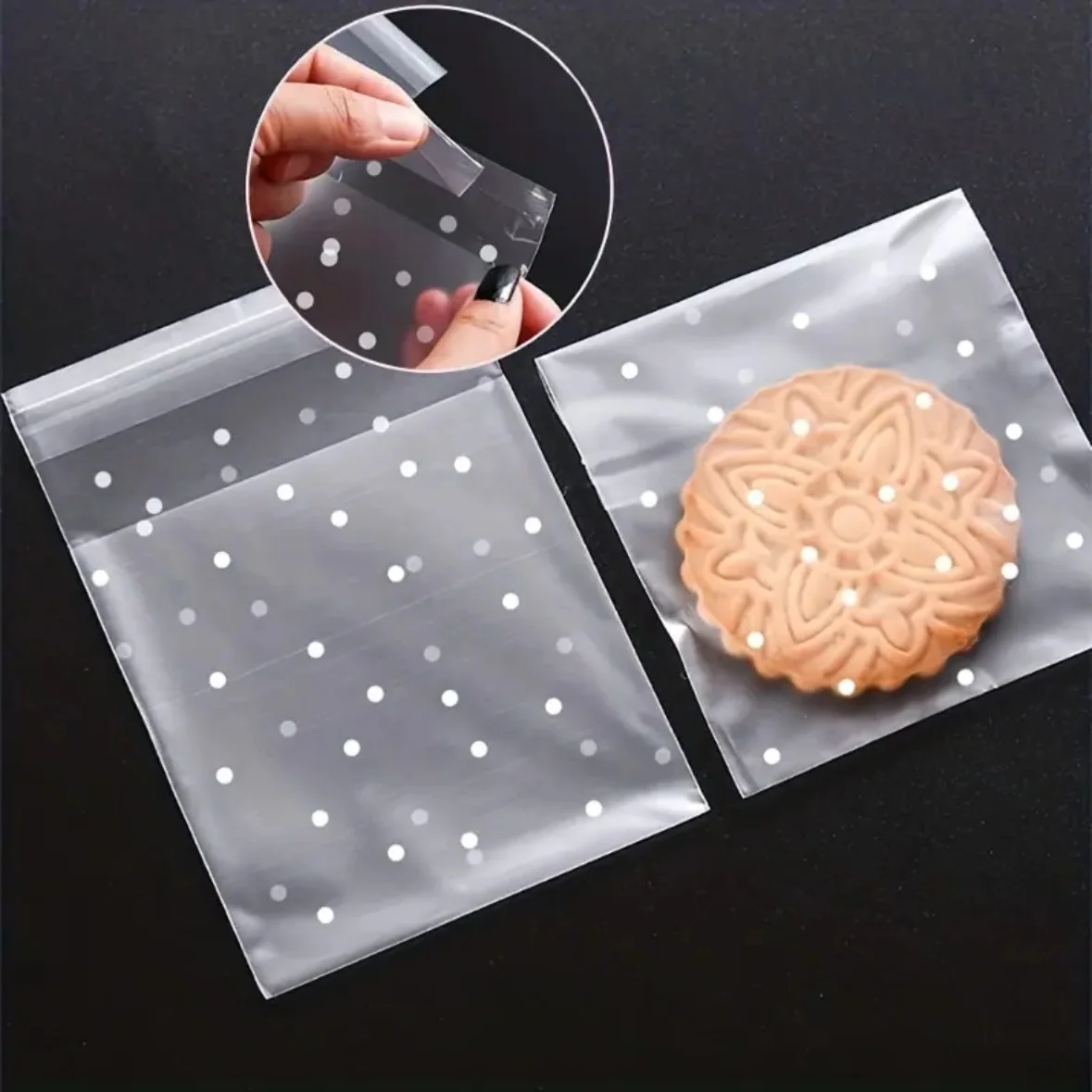 100 Stück transparente Plastik-Cellophanbeutel mit Tupfenmuster, selbstklebende Bonbon- und Kekstüten für DIY-Geschenkverpackungen, Hochzeits- und Partydekoration – Detail 6