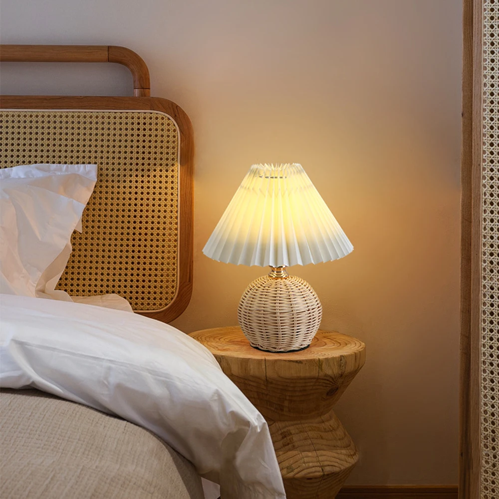

LED Fabric Pleated Light Rattan Base USB Bedroom Bedside Desk Lamp Indoor Home Decor Night lighting Eye Protection Table lamp