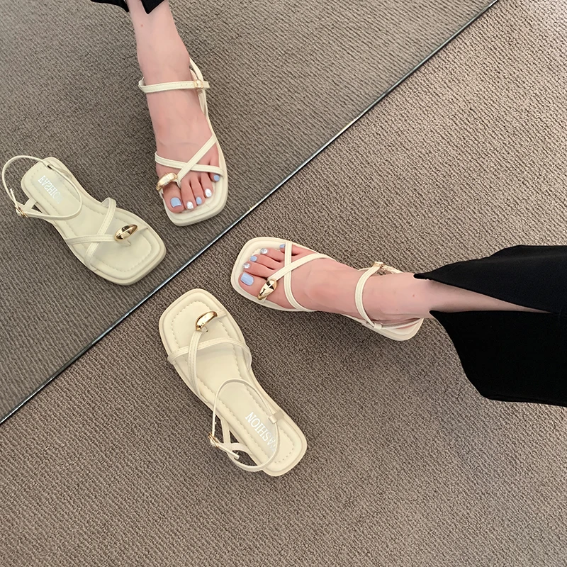 Beach Sandal Woman Luxury 2023 Summer Suit Female Beige Low-Heeled Shoes With Strap Flip Flops Platform Cross Fashion Comfort Ne