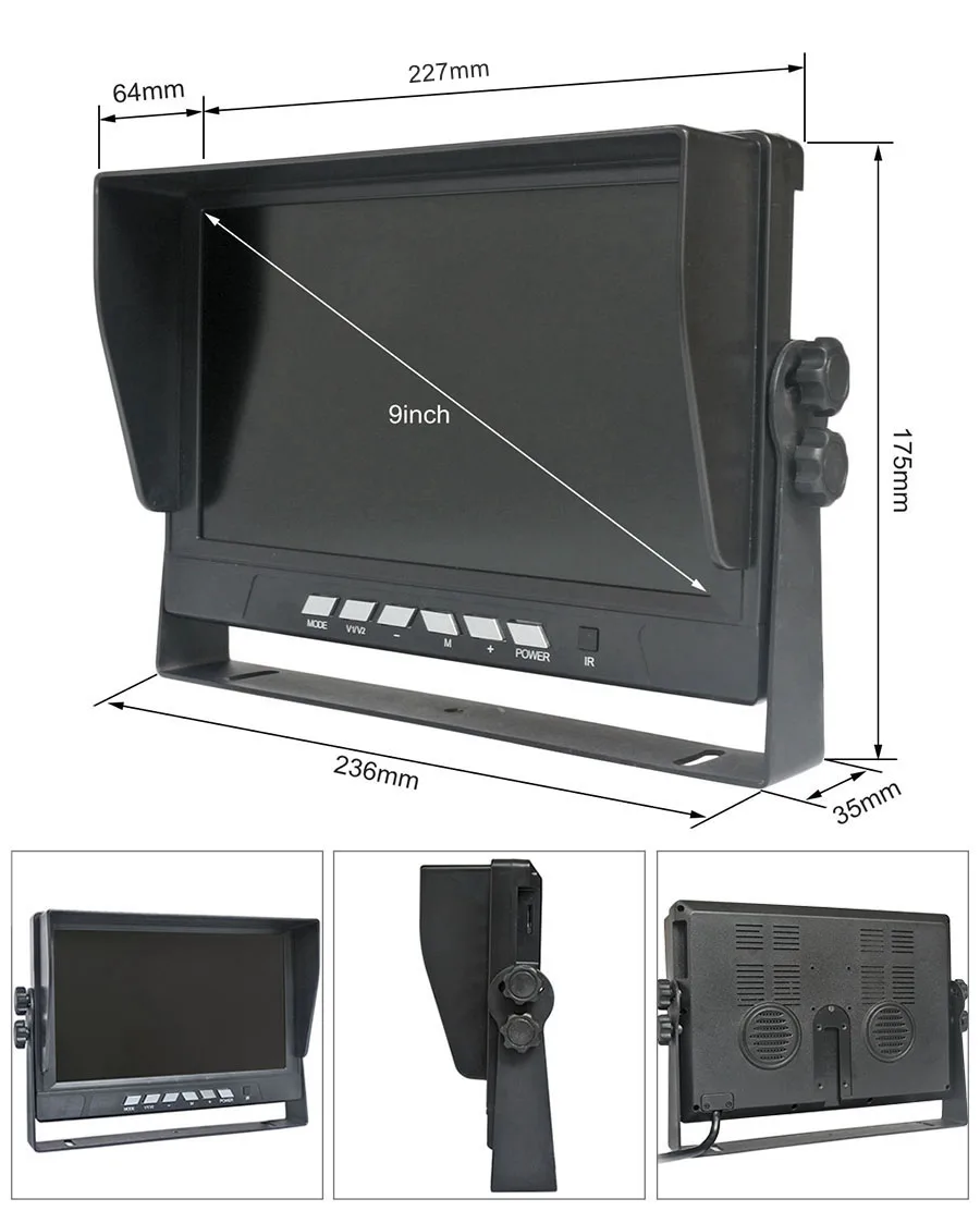 DIYKIT 4PIN 9inch AHD IPS 4 Split Quad LCD Screen Car Rear View Monitor Max Support 1080P AHD Camera with Video Recording