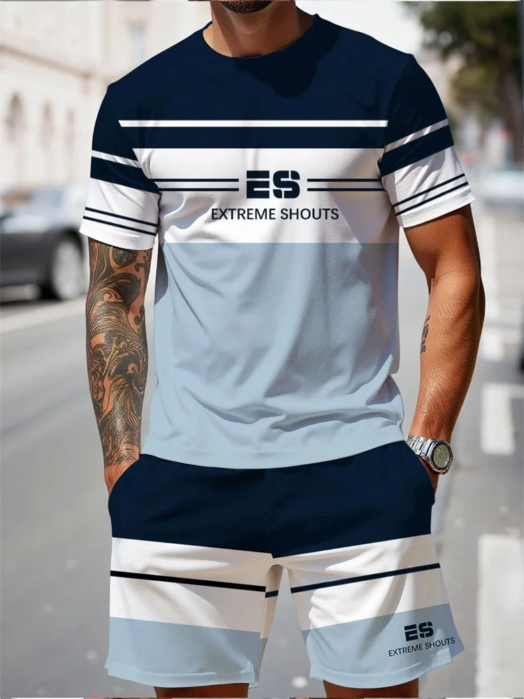 The 2025 Summer Casual Men's Set Features A Simple Letter Striped Print Street Fashion Outfit That Is Breathable