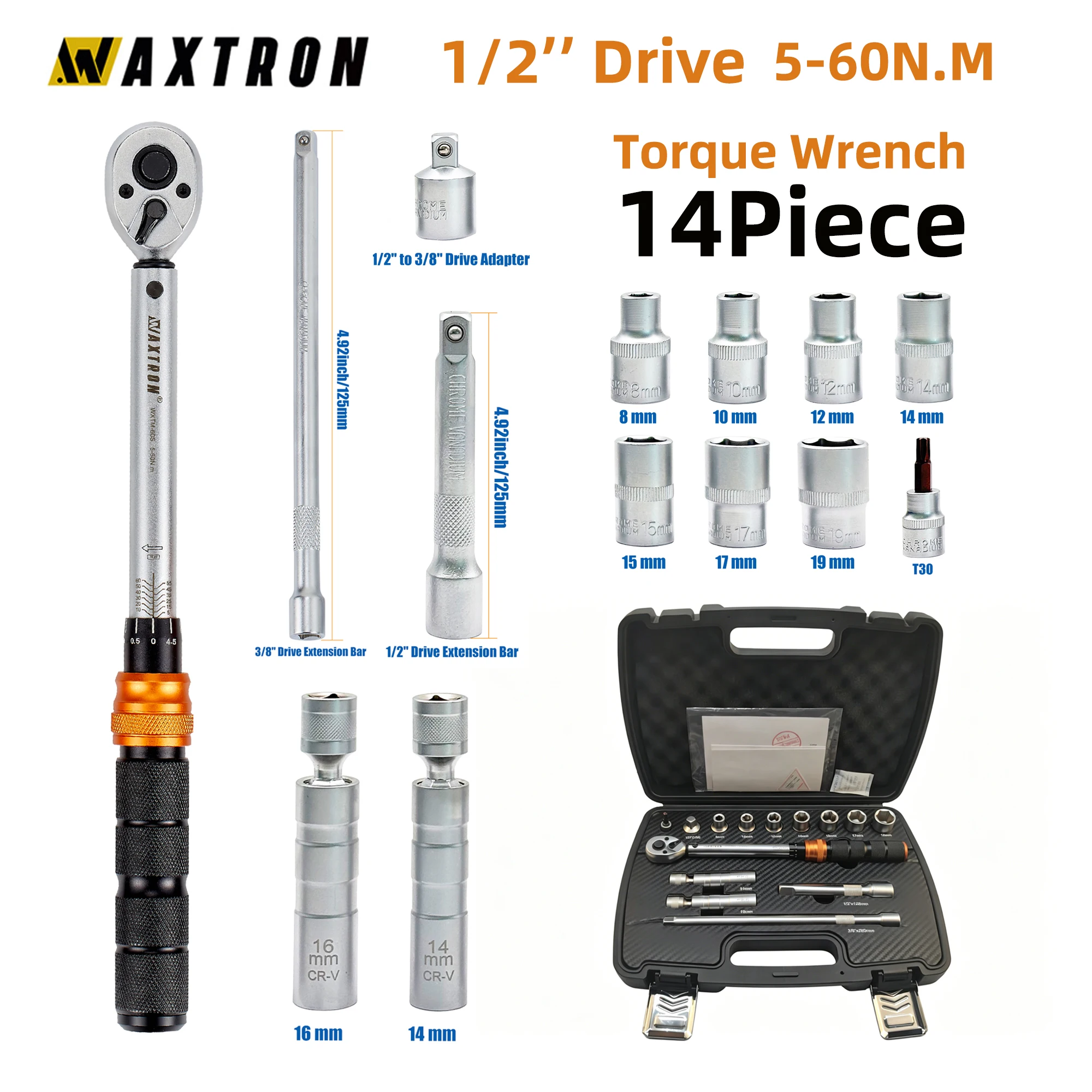 Waxtron 1/2'' Drehmomentschlüssel 14-teilig 5-60N.m Einstellbarer Drehmomentschlüssel für Motorrad und Auto Professioneller Klick-Drehmomentschlüssel Bestseller
