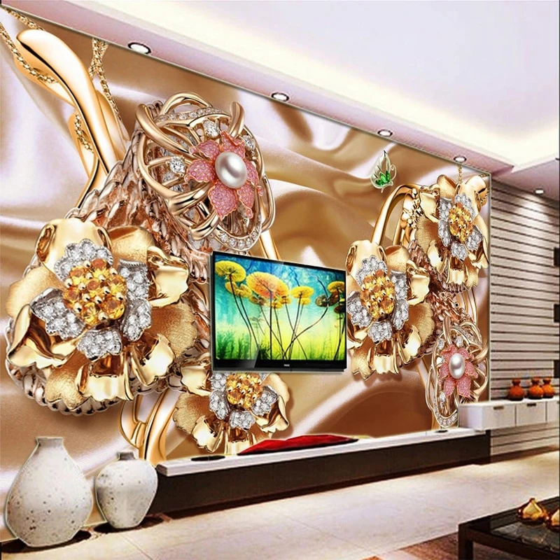 Custom Large Size European Wallpaper 3D Stereo Jewelry Flowers Photo Mural Paper Silk Cloth Living Room TV Background Wall Decor