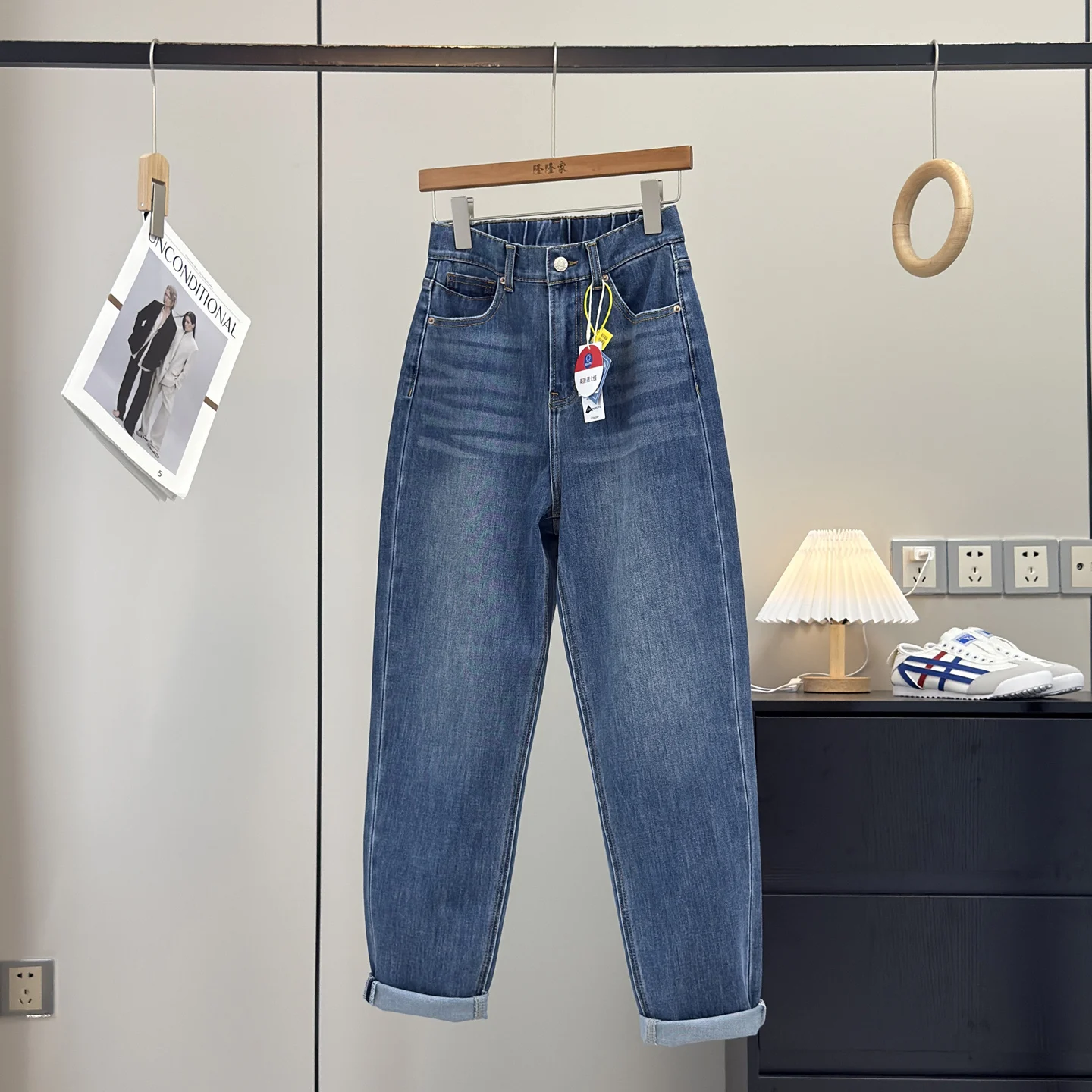 

Good Goods! Instant Straight Legs~ Small Size Four-way Stretch Water Wa Worn-out Harlan Old Dad Jeans Denim