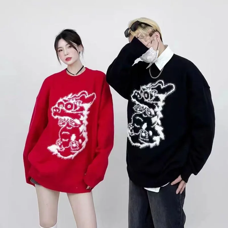 

Свитер Женский вязаный утепленный, повседневный Свободный пуловер с вышивкой, Свободный теплый свитер для пар, Осень-зима