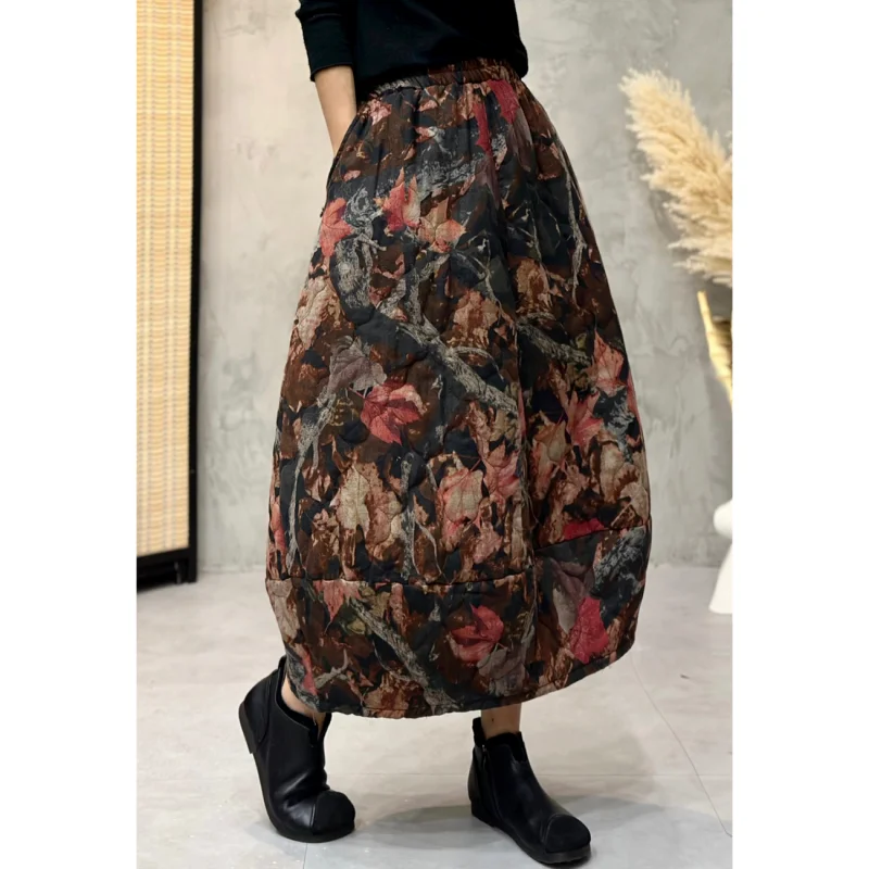 

Quilted Skirt Ethnic Style Retro Artistic Winter Cotton Linen Thick Printed Warm Medium Long Floral Bud Skirt For Women w1441