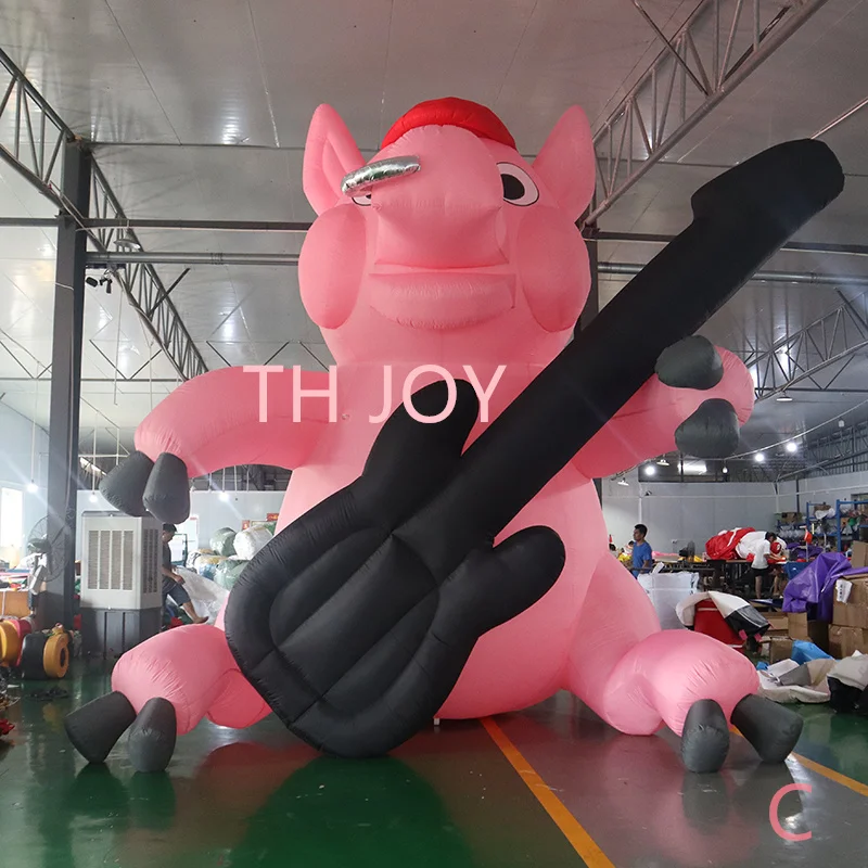 

fast air ship to door, 5m 17ft Giant Pink Pig Cartoon with guitar, Inflatable Sitting Pig Model Balloon for Advertising