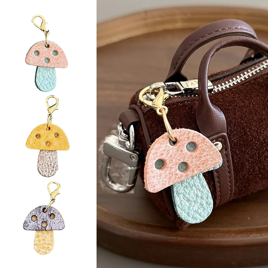 

Genuine Leather Little Mushroom Bag Charm Handmade Keychain Cute Car Sunflower Accessory Bag Pendants