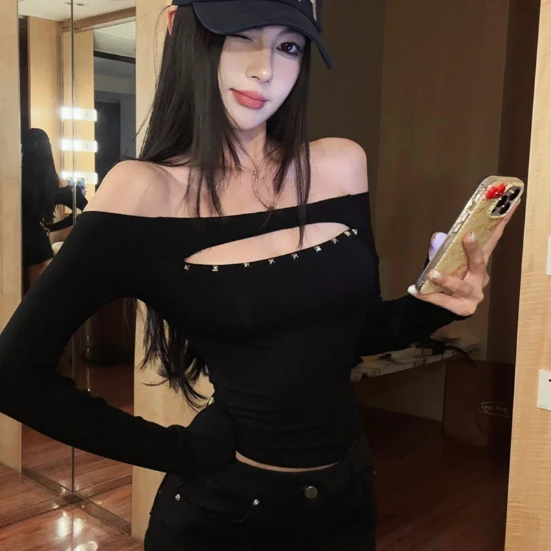 

Полая футболка с открытыми плечами и длинными рукавами для женщин, весенне-осенние чистые сексуальные обтягивающие короткие топы