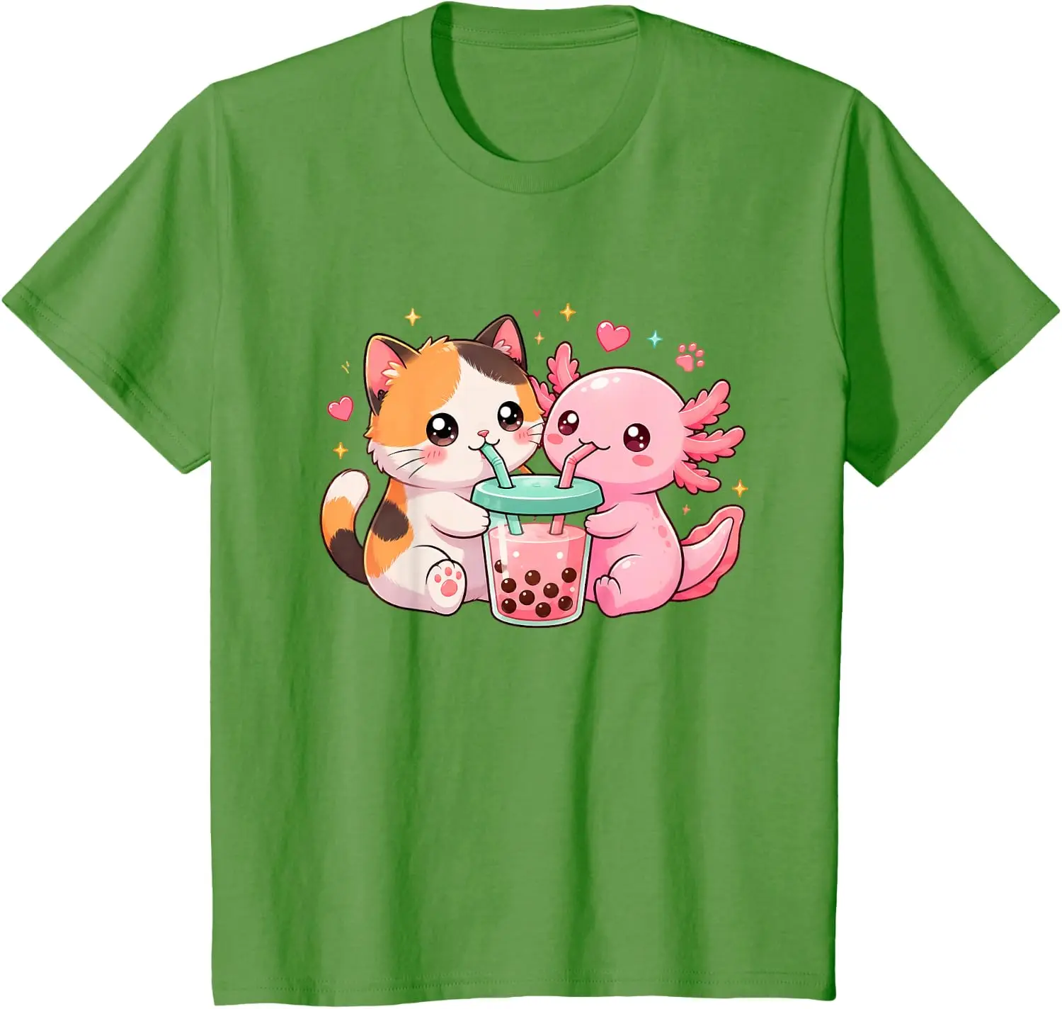 Cute Cat Axolotl Drinking Boba Tea Kawaii Animal Girls Teens T-Shirt Unisex Children’s Wear Cotton Graphic Tee Camiseta