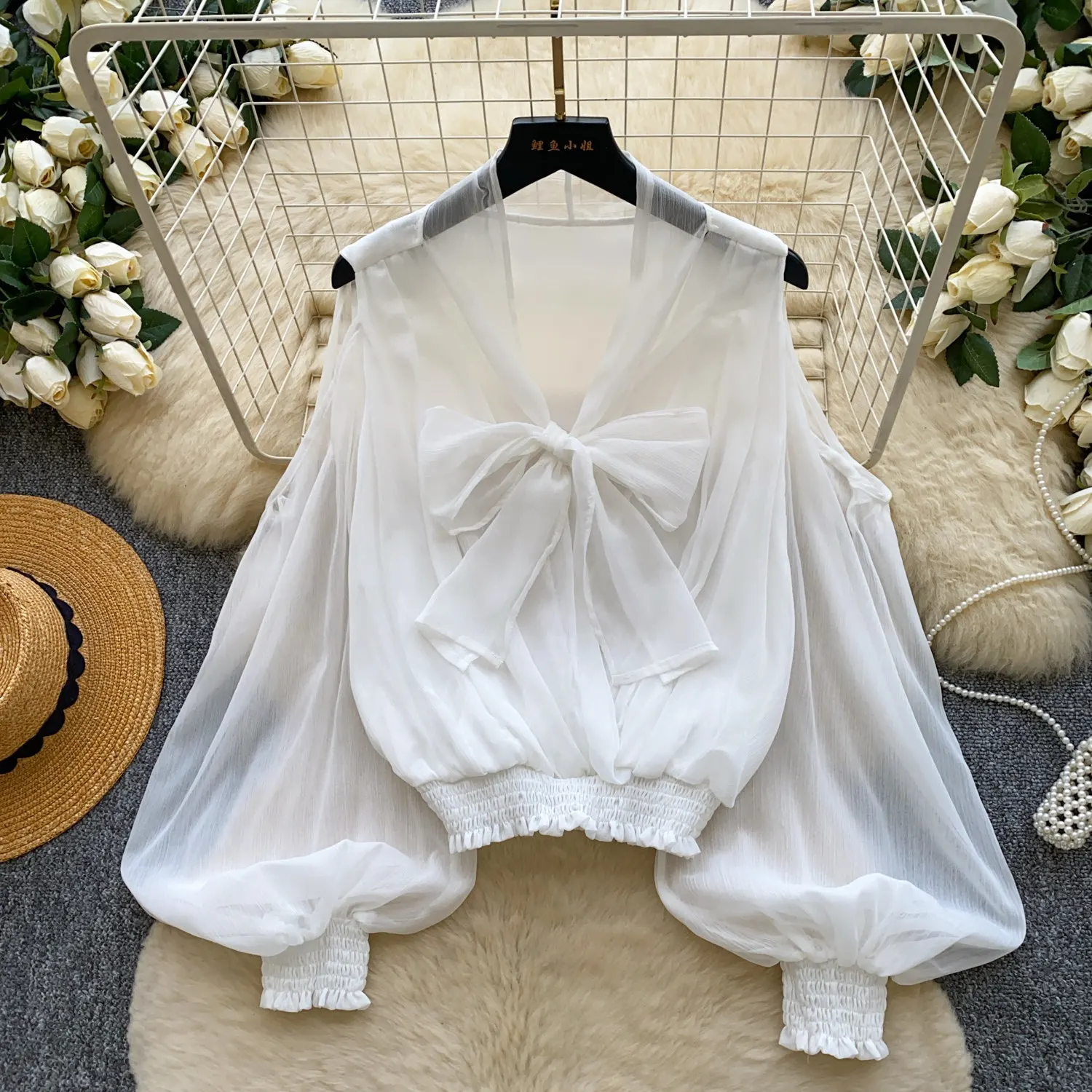 Women Solid Sheer Shirt Mesh Bow Tops Long Lantern Sleeves V Neck Hem Elstic Thin Slim Office Lady Elegant Casual 2026 Spring