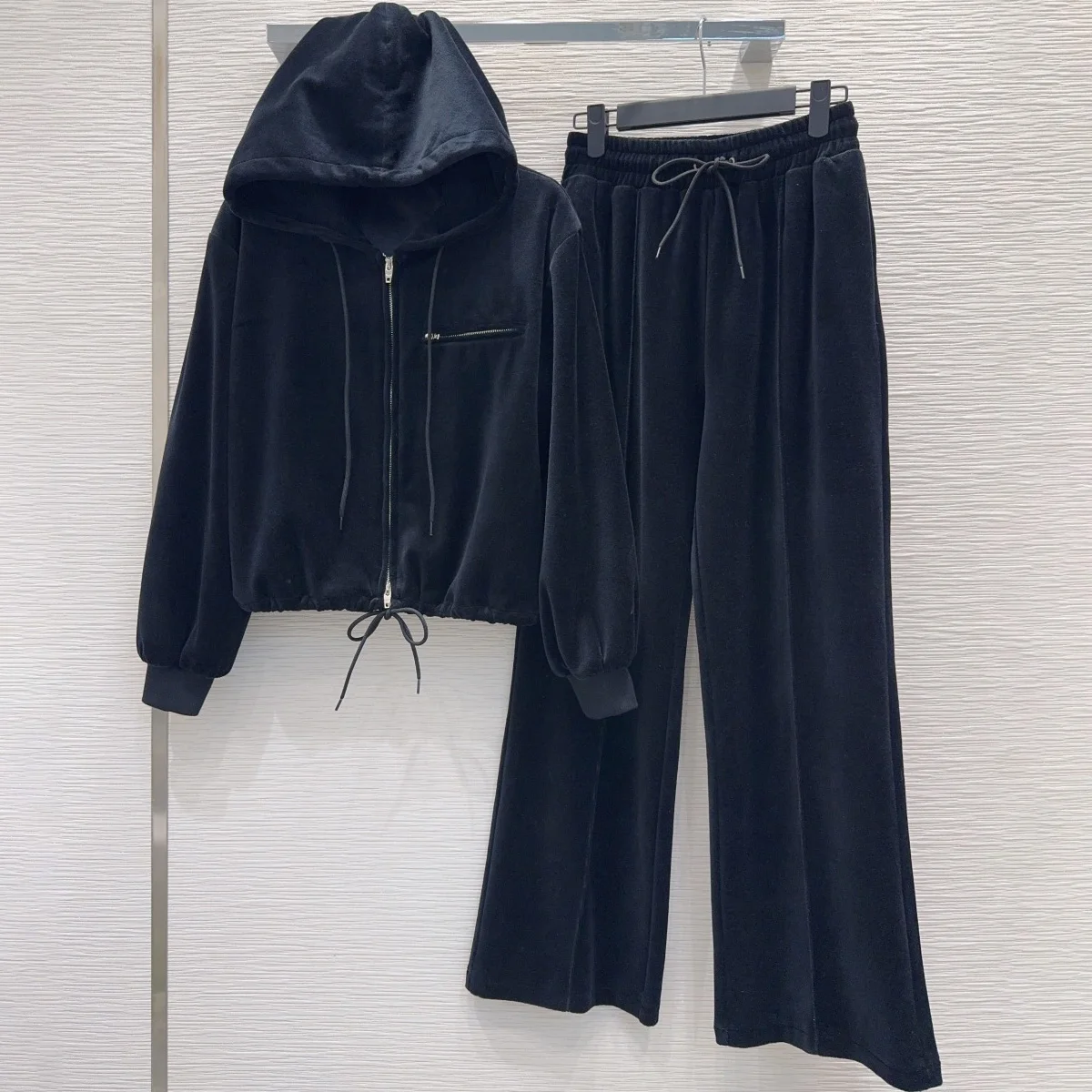 High Quality Women Tracksuit Hooded Zip Up Cropped Jacket Drawstring Waist Flared Pants Casual Outfit Sets lyt2681521