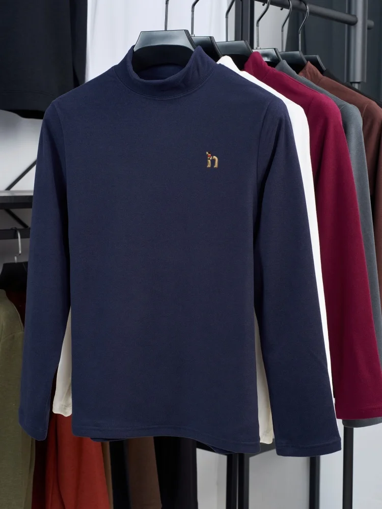Camiseta masculina clássica de alta qualidade com bordado de cachorrinho coreano, gola alta, para primavera e outono, nova, de veludo, confortável, ti