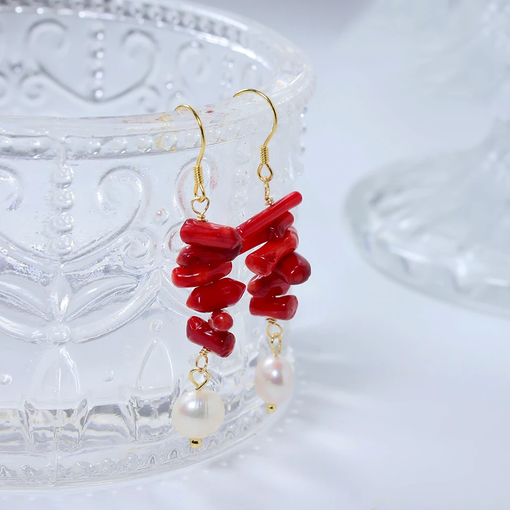 Natural Freshwater Pearl Long Red Coral Earring Korean Style Women Luxury Jewelry Fashion Ladies and Girls Gift GE1549