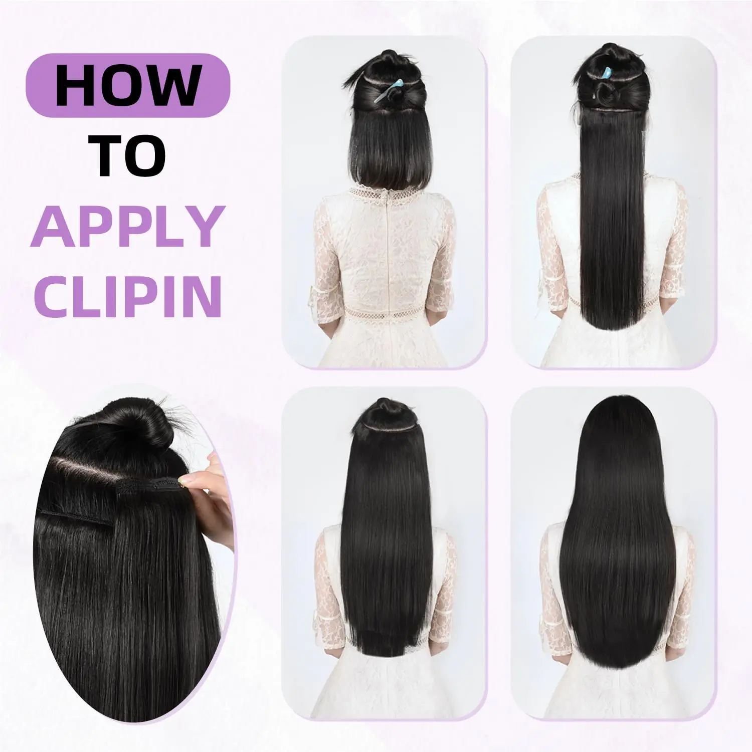 Ekstensi Rambut Clip-in Rambut Asli Manusia, 100% Ekstensi Rambut Remy Brasil untuk Wanita, 1B Hitam Alami 8Pcs Per Set