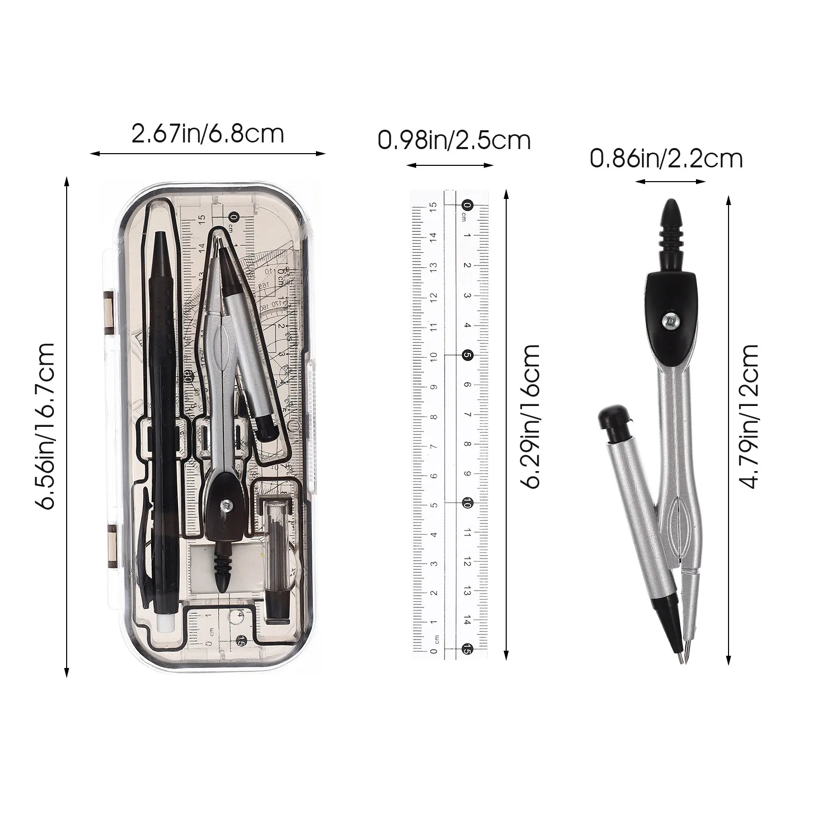1Set Clear Plastic Math Drawing Kit with Compass Protractor Triangle Ruler Straight Edge Eraser for Students Architects