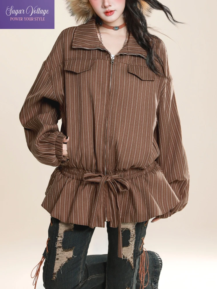 

Vintage Elegant Striped Drawstring Waist Jacket Women Autumn Retro Lapel Zipper Coat Casual Loose Fit Outerwear Fashion Style
