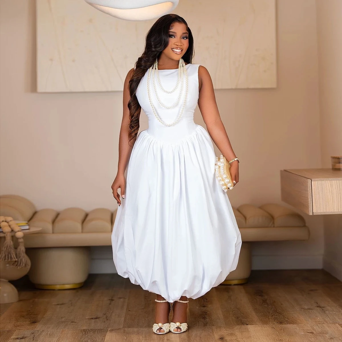 

White Silk Satin African Tradition Party Dresses Aso Ebi Wedding Guest Gowns Custom Sleeveless Bubble Skirt Elegance Prom Dress