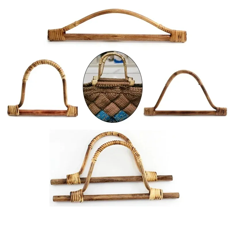 2PCS Natural Rattan Weave Articles D-shaped Ring Bamboo Handle Vintage Wood Parts DIY Woven Bag Handle Luggage Accessories