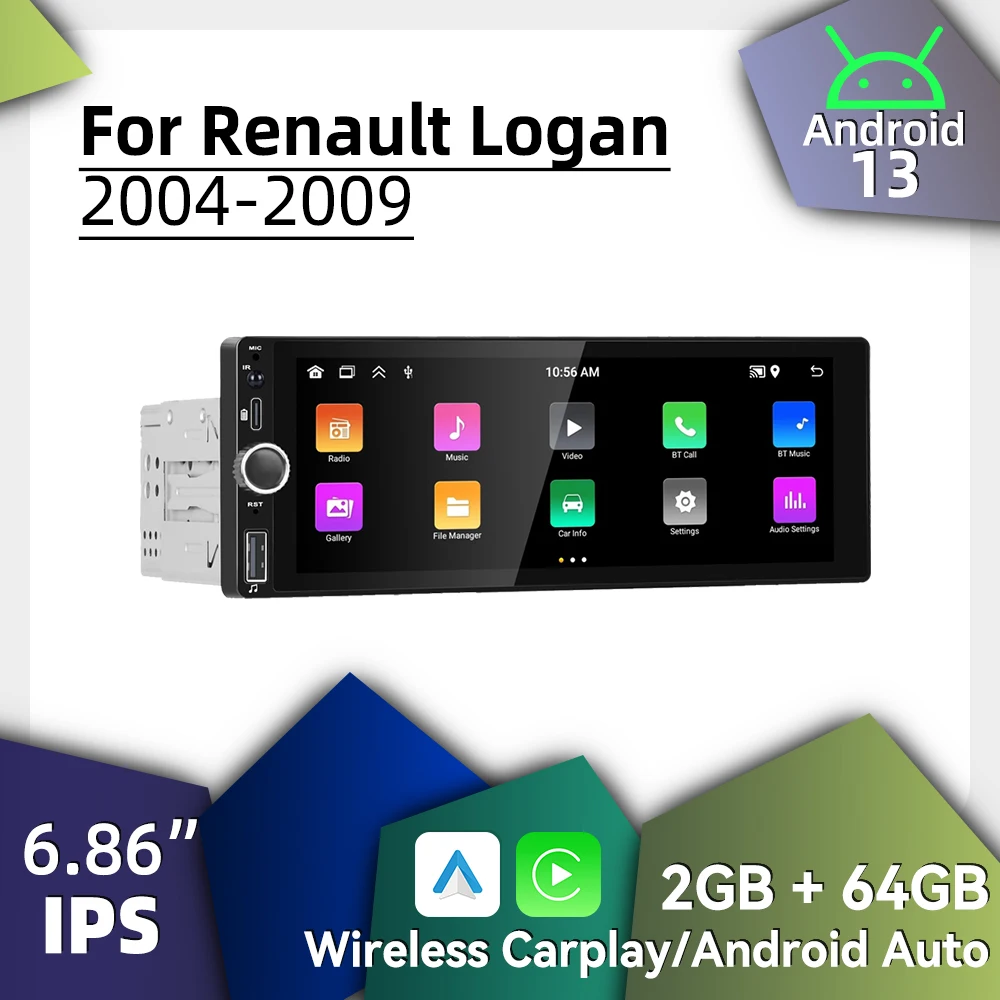 

Carplay Android Auto 1-диночное радио Android для Renault Logan 2004-2009 6,86 "экран автомобильный мультимедийный стерео головное устройство GPS-навигация