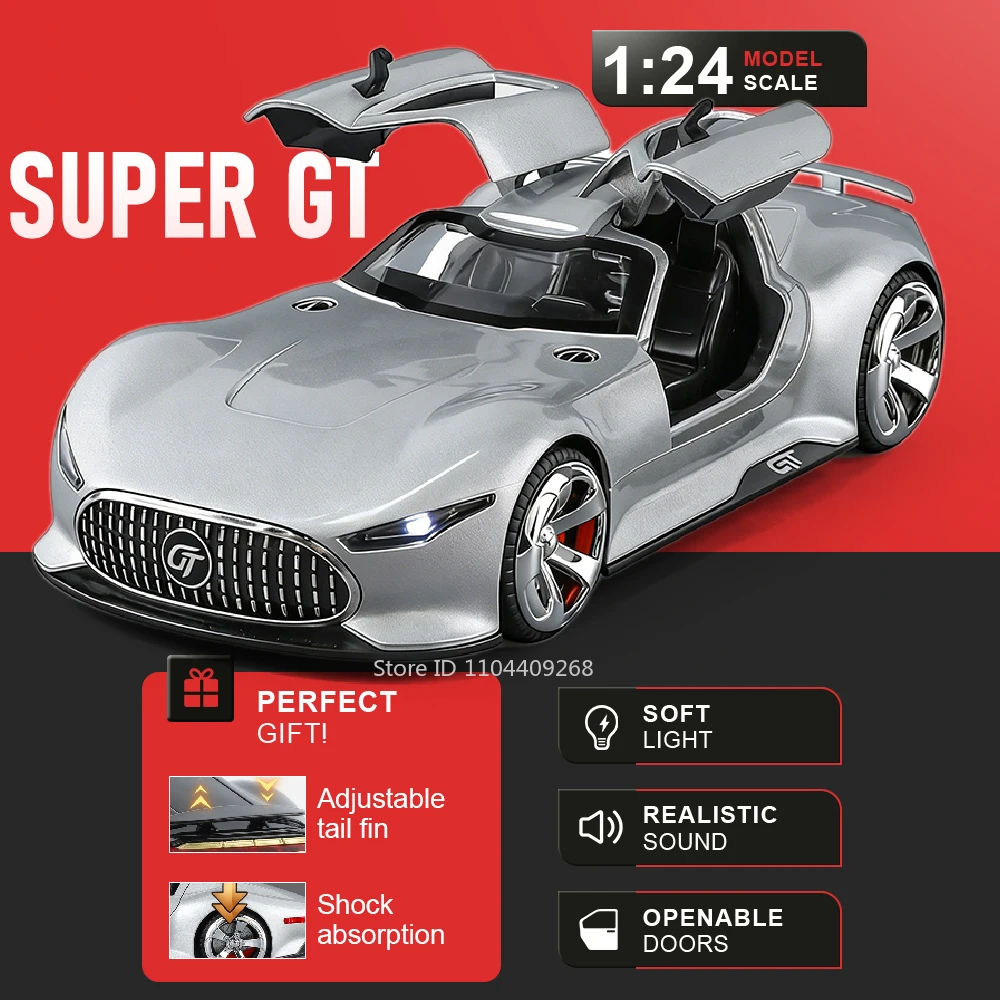 

1:24 GT SLS Alloy Car Model Toy Front Wheel Steering Pull Back Supercar Metal Diecast Models Toys for Adult Gifts Collection