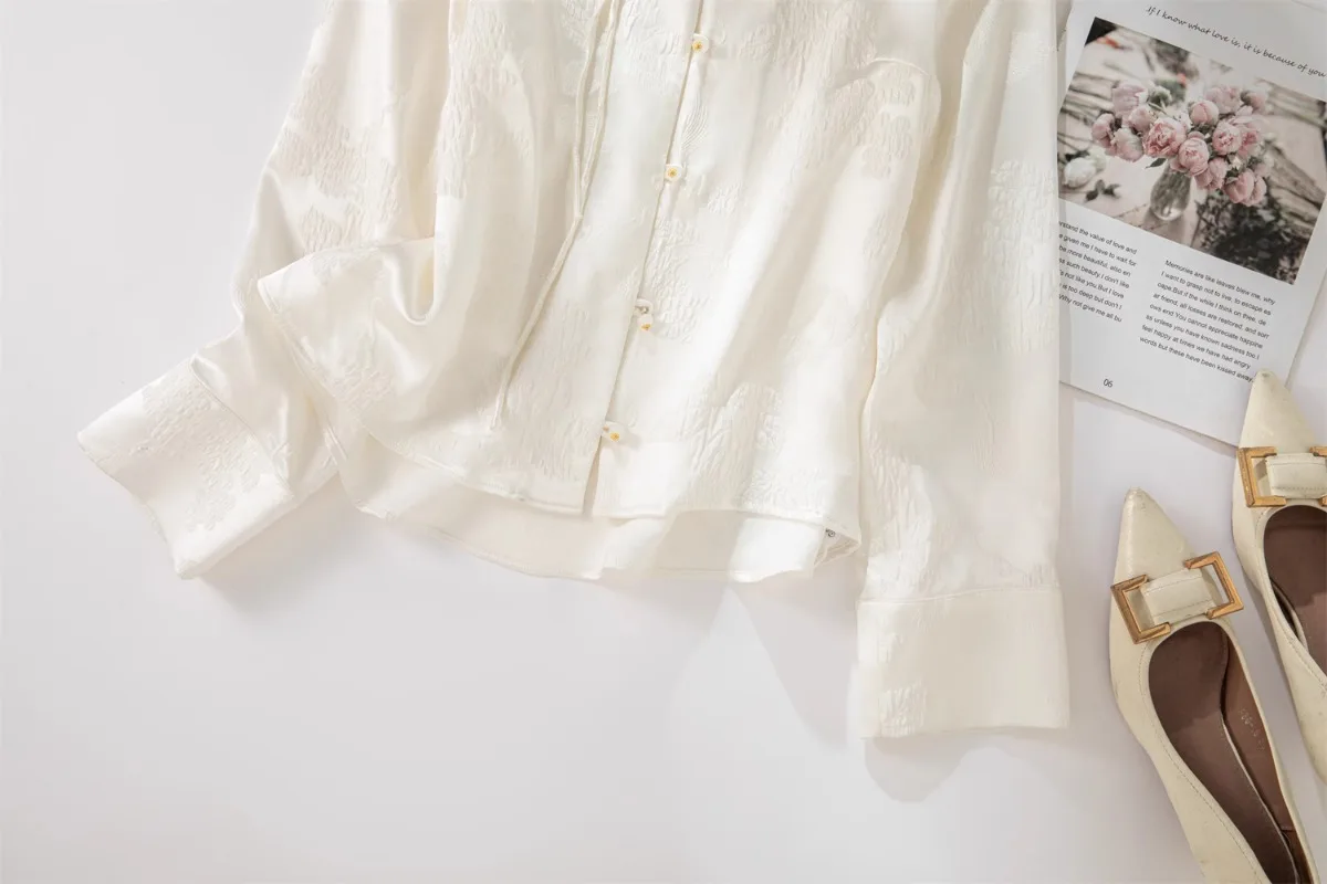 2025 Women's Fashion Spring New 93% Natural Mulberry Silk Crown Le Satin Jacquard New Chinese Long Sleeved Women's Shirt