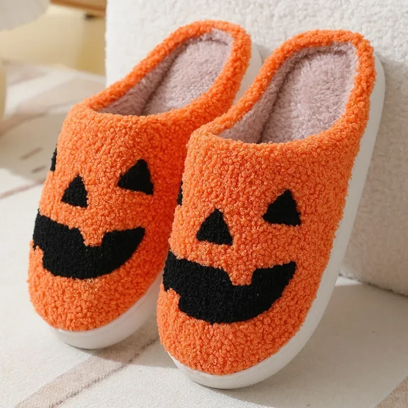 Halloween Pumpkin House Slipper Women Fuzzy Winter Warm Kawaii Plush Indoor Floor Non Slip Men Male Home Shoes Female Plaid Gift