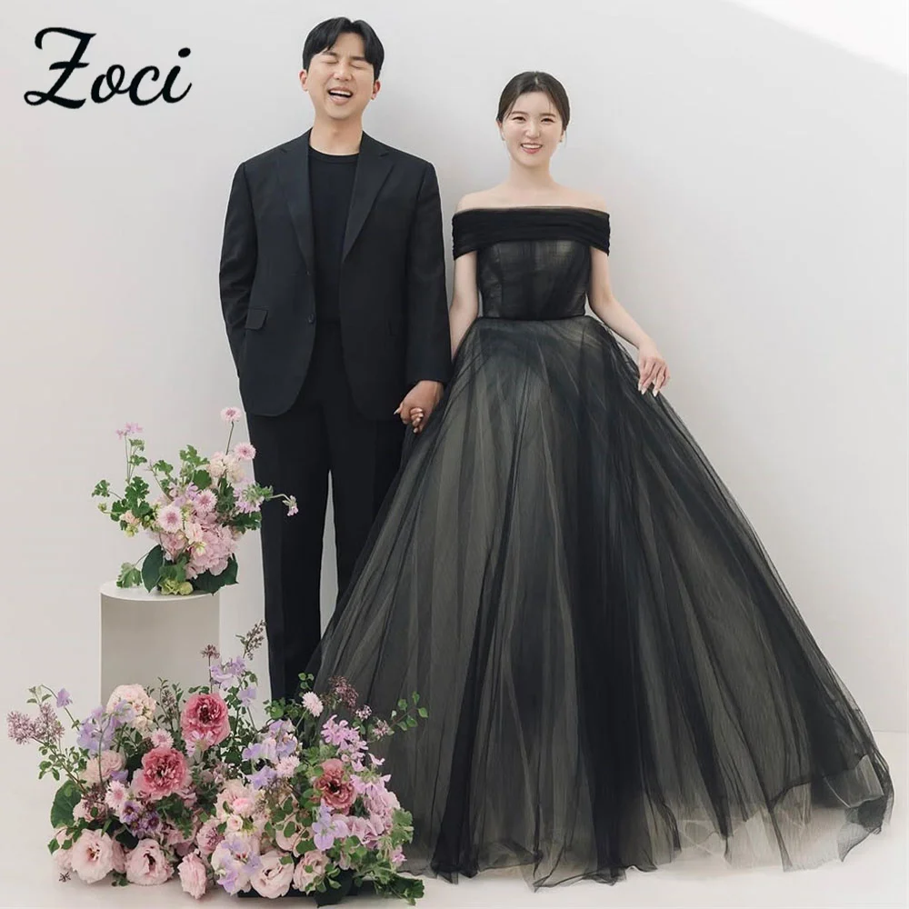 

Zoci Strapless Black Korea Evening Dresses Off Shoulder A Line Wedding PhotoShoot Dress Customized Corset Long Bride Party Dress