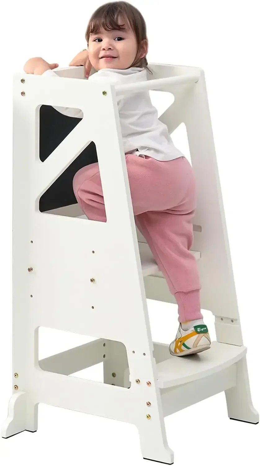 Toddler Kitchen Stool Helper Tower Kitchen Helper Step Stool with Message Boards Safty Rail-Adjustable