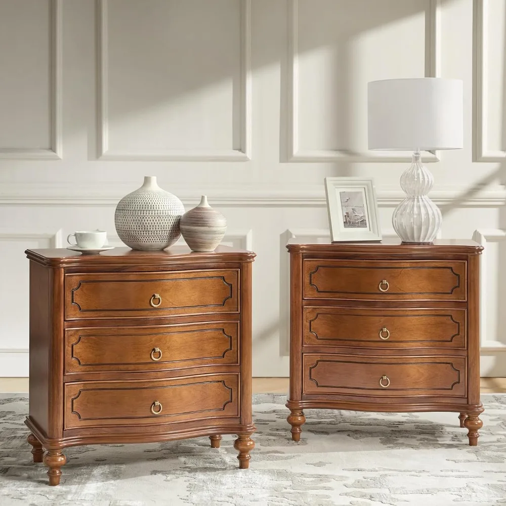 

Wood Nightstands Set of 2 with Charging Station for Bedroom, 3 Drawers Traditional Nightstands,Solid Wood Legs,