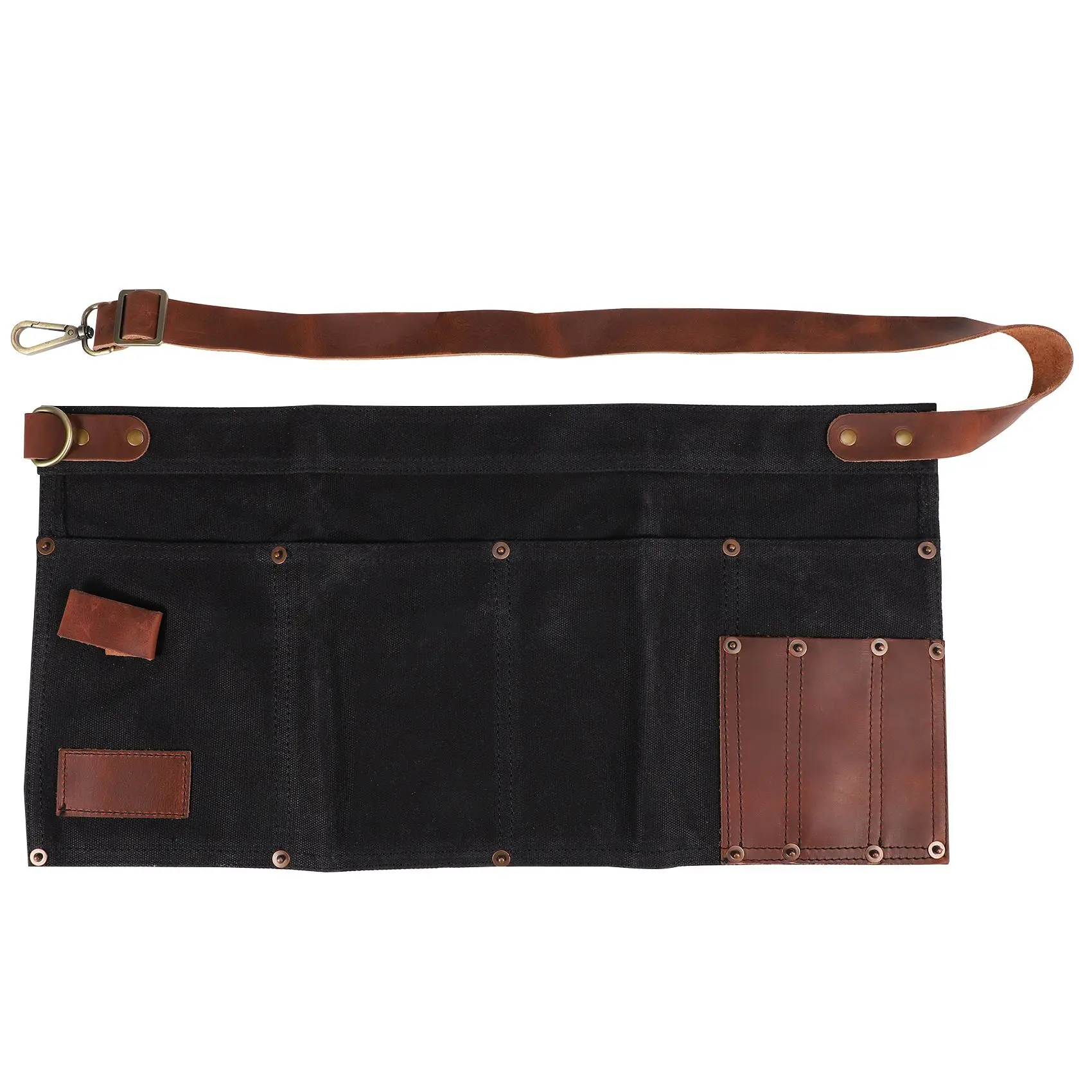 F-3C Multi Pocket Apron for Women Real Leather Canvas Half Apron Pocket Waitress Teacher Utility Server Cosmetic Apron Black