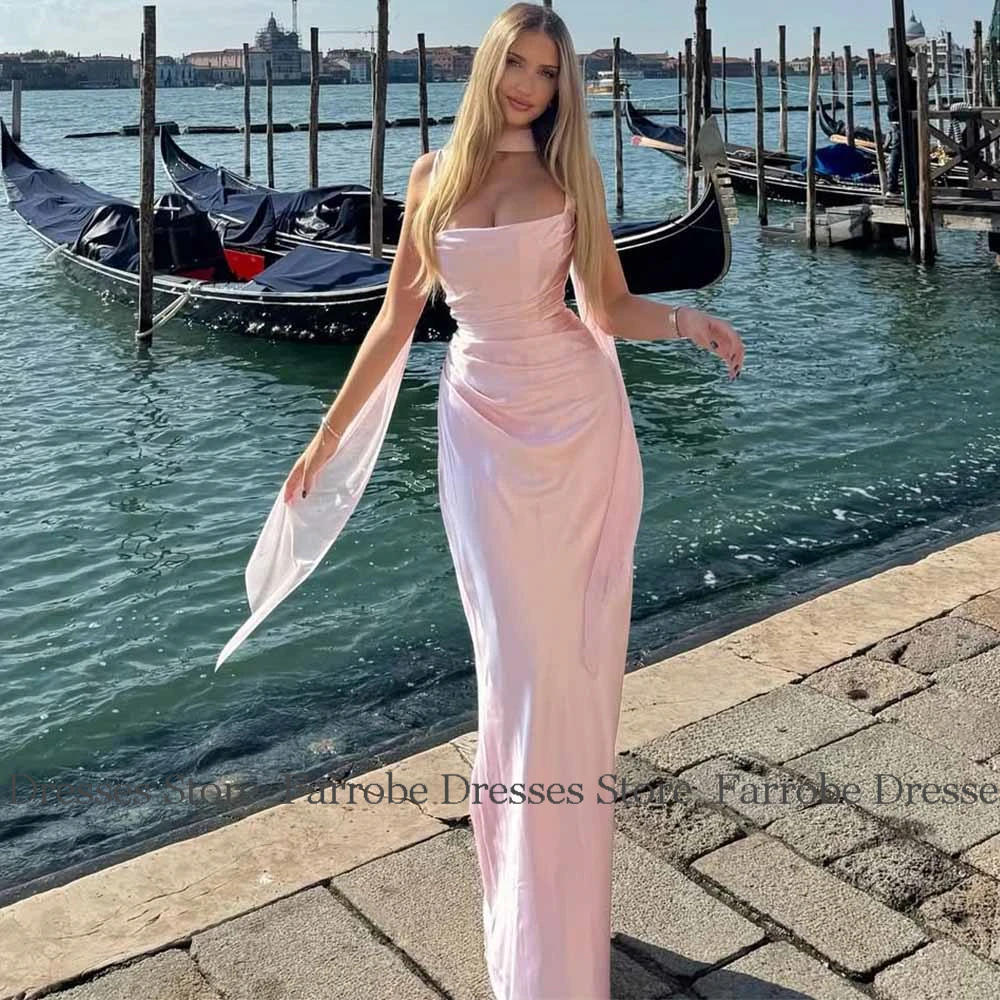 Sweetly Dresses for Special Events Satin Sheath/Column Birthday Dress Pink Strapless Draped Shawl Prom Dresses for Ladies Long