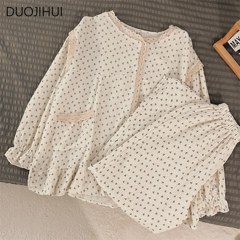 DUOJIHUI Autumn Two Piece Chic Floral Print Pajamas for Women New O-neck Cardigan Simple Casual Pant Fashion Female Pajamas Set