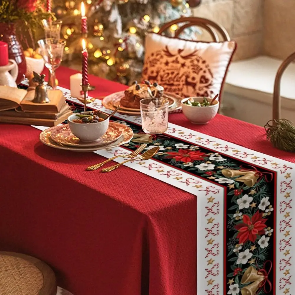 Poinsettia Flower Pattern Christmas Table Runner Long Length Rectangular Shape Holiday Linen Runner Linen Material