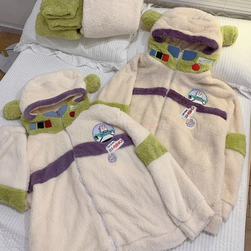 Disney New Buzz Lightyear Couple Pajamas Cartoon Zipper Winter Nightwear Thick Coral Velvet Kawaii Homewear Couple Pyjamas