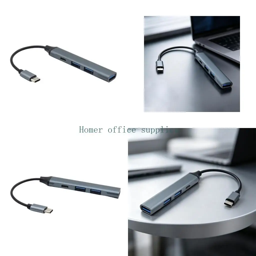 K43B Mouse Keyboard Flash Drive Type C Splitter, Gray 4 Way Design with 3 USB-A Openings and One Type C Opening for Controller