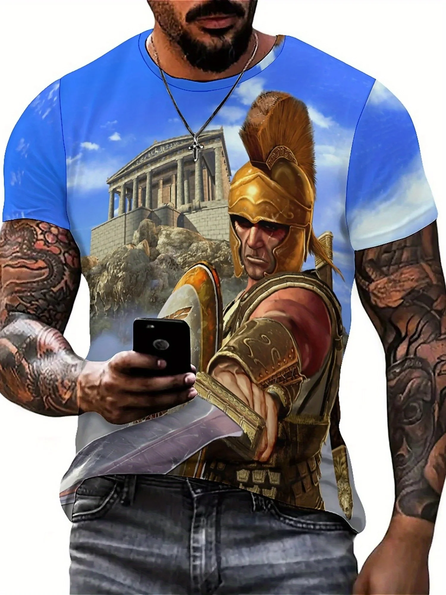 Plus Size Men's 3D Print Knight & Parthenon Graphic T-Shirt - Gothic Dark Loose Fit Breathable Fabric, Short Sleeve