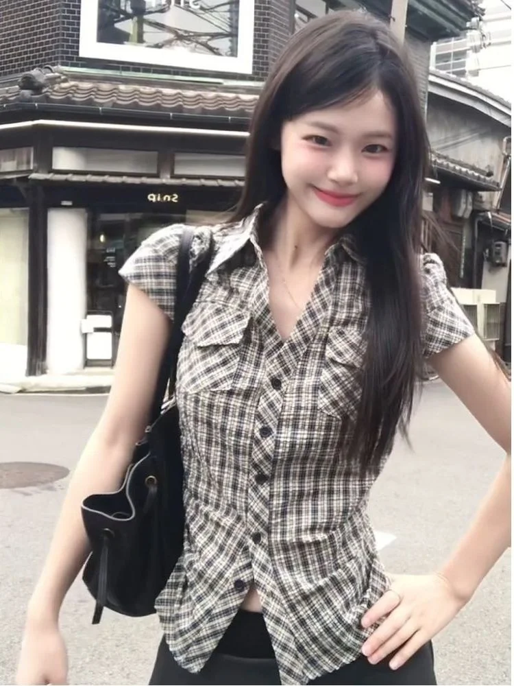

Retro Korean Plaid ort irt Women's Sli Design Summer New Sweet Sle Slim Fit Collar Breathable Skin-friendly