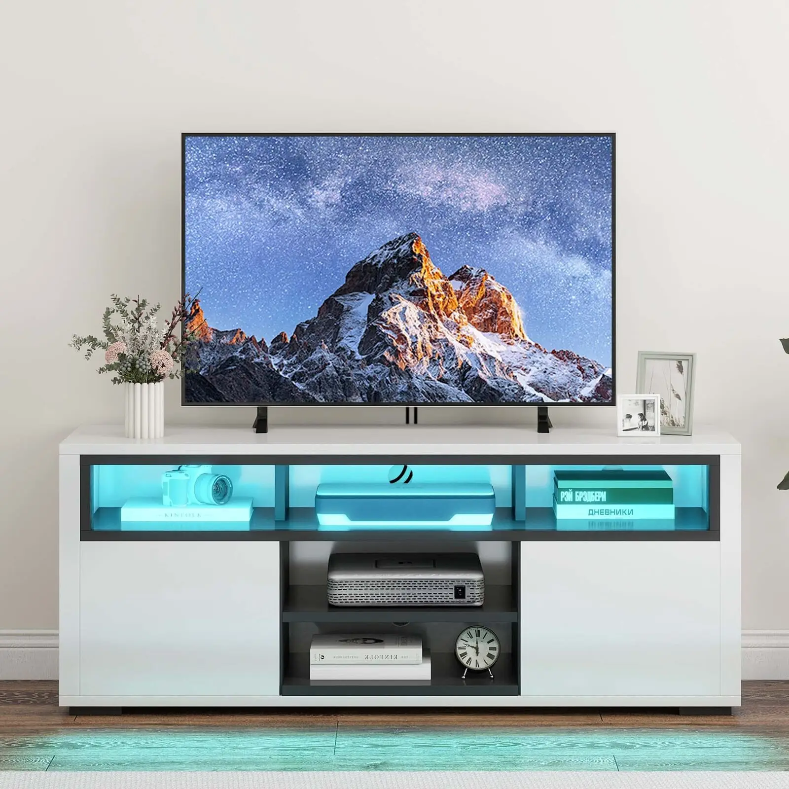 

TV Stand With LED Lights for 35 to 55" TVs Console Open Shelves Storage Cabinet