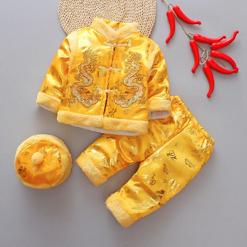 10Colors Baby New Year Tang Suit 3Pcs Chinese Traditional Kids Anniversary Costumes Stain Winter Cotton Boys Girls Warm Hanfu