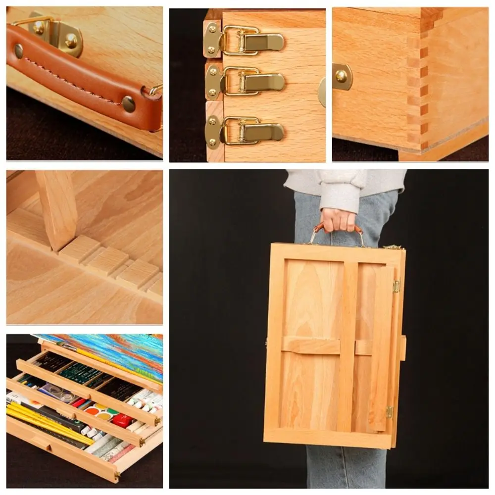 Adjustable Beech Wooden Table Easel Professional Multifunction Art Painting Easel Box Folding Oil Paint Sketch Drawer Box Travel